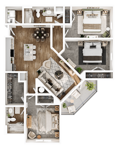 Floor plan for 3 beds, 2 baths, 1301 sqft